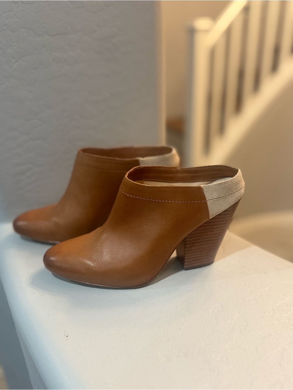Anthropologie Miss Albright Cognac Leather Heeled Mules with Cream Heel Accent